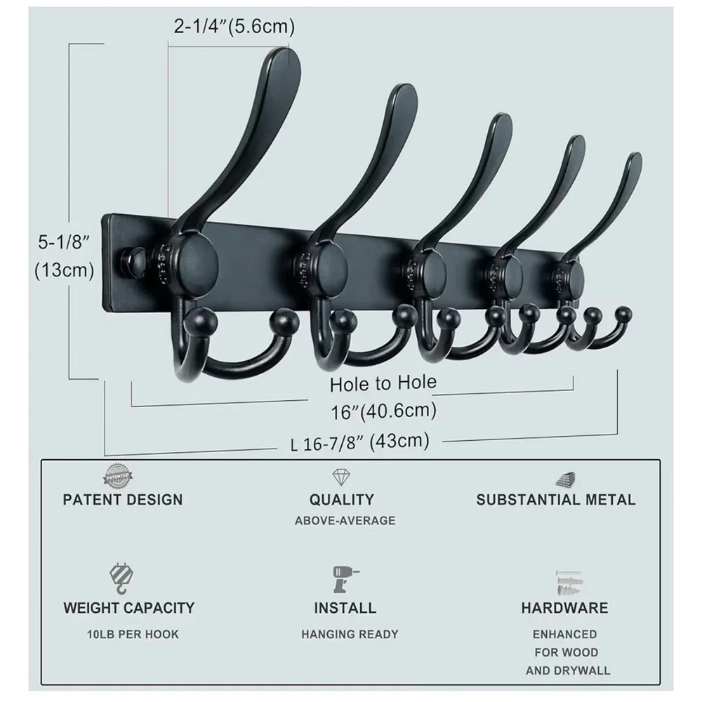 Wall-Mounted Coat Rack with 5 Double Hooks - Black